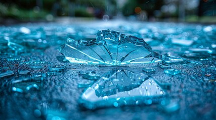 Close-up of broken glass pieces on a rainy asphalt surface reflecting ambient light