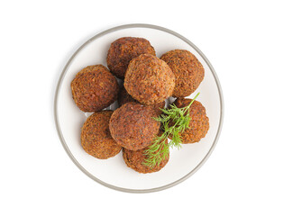 Plate with delicious falafel balls and dill on white background