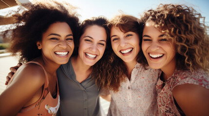 Obraz premium Friendly portrait of happy smiling diverse modern young people friends together, girlfriends women