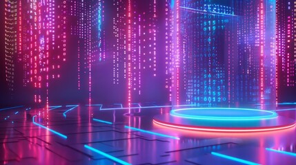 Glowing neon futuristic podium with Illuminated holographic display on a digital data stream background, Perfect for showcasing innovative and tech-savvy products, generative ai