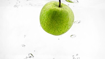 Green apple is falling into clear water filmed in slow motion on white background. Fresh fruit is plunging into transparent aqua and swimming. Closeup view of delicious and juicy vegetarian food - Powered by Adobe