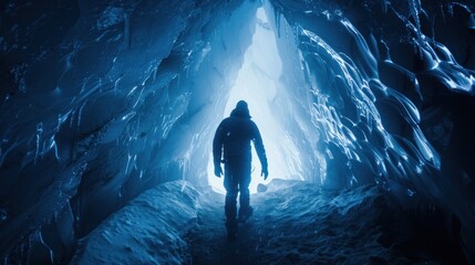 A person stands in a cave with blue walls