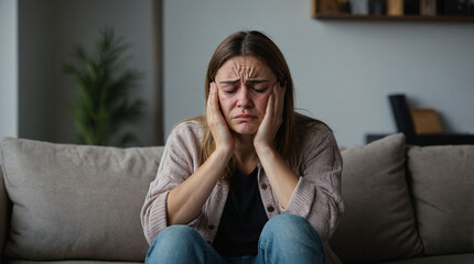 Fototapeta premium woman sitting on the couch problems with stress, anxiety, illness