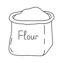 Open bag or sack with flour, baking ingredients, doodle style flat vector outline for coloring book