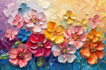 A painting of a field of flowers with a blue sky in the background. The flowers are in various colors, including pink, yellow, and purple. The painting has a bright and cheerful mood, with the colors