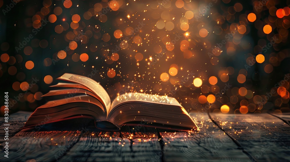 Poster a book is open on a wooden table with a lot of light shining on it. the light is creating a beautifu