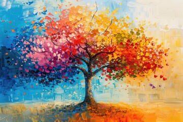 A colorful tree with a blue sky background. The tree is painted in a way that it looks like it is in the middle of a forest