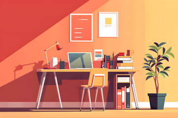 Minimalist Home Office Setup with Laptop, Books, and Plant in Flat Illustration Style