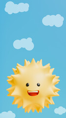 day with clouds and a sun that smiles and has black eyes in a blue sky, happiness and joy