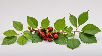 Fresh Blackberry Branch with Green Leaves on White Background