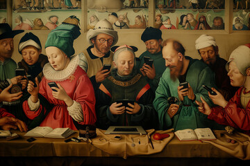 A painting in the style of the Northern Renaissance and Bosch. Medieval inhabitants using gadgets: laptops, smartphones, and tablets. The concept of new technologies.