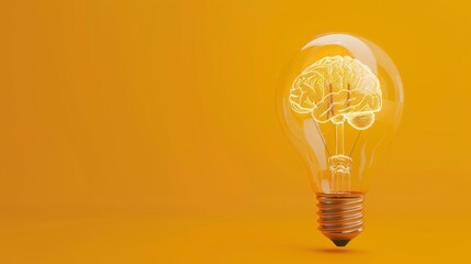 Brain inside of transparent light bulb placed on against yellow background, Brainstorming or knowledge. Creative idea of lamp, copy space, generative ai