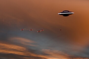 3d render of multiple UFOs soaring out of cloudscape