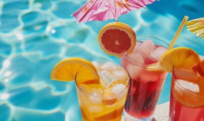 Tropical Drinks Umbrellas Poolside Summer Refreshing with Orange Slices