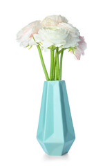 Vase with ranunculus flowers on white background