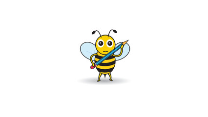 icon bee cartoon, cute bee with smiling face bring pencil for study go to school 