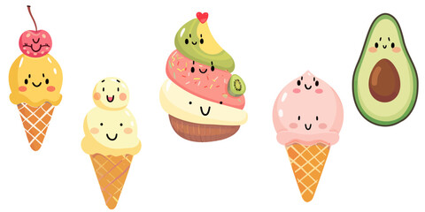 Vector clipart set of cute kawaii pastries, ice cream cones, and avocado slices with joyful expressions
