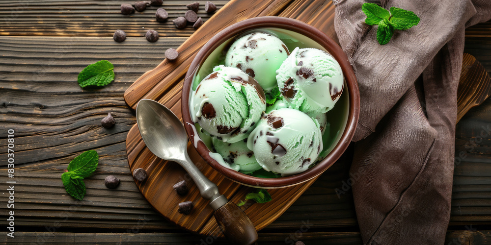 Wall mural Bowl of Mint Chocolate Chip Ice Cream on a Wooden Table with Space for Copy