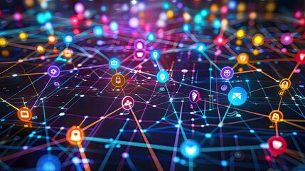 interconnected world of social media with vibrant icons representing communication, connectivity, and networking in this dynamic illustration.