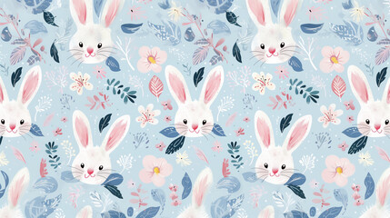 cute spring bunny hand painted style background with bunny and baby blue background and some plant pattern
