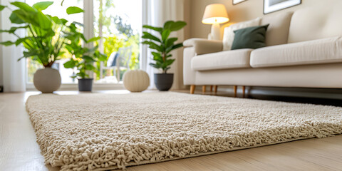 modern living room with shaggy rug and indoor plants in a bright interior