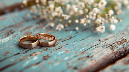   Vow style wedding rings on a calm colored wooden table background.