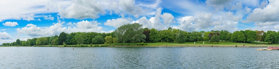 Sailing lake panorama in Fairlands Valley Park. Stevenage, UK