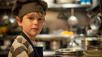 A young boy with determination and focus mastering cooking techniques