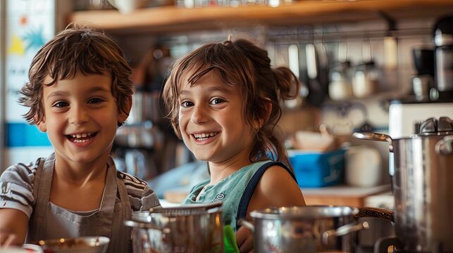 Kids sharing laughter and bonding over shared experiences in the kitchen