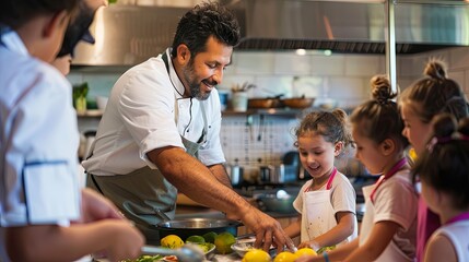 An instructor providing hands-on guidance to children during a cooking lesson