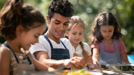 An instructor providing hands-on guidance to children during a cooking lesson