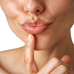 Obraz premium Close up of smiling woman pointing own lips with her finger, macro photography, isolated on transparent background