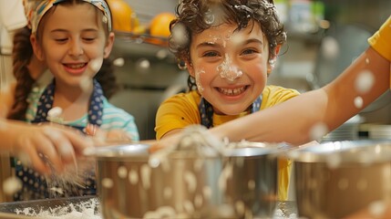 Children demonstrating teamwork and cooperation in the kitchen