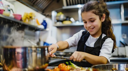 A girl enjoying the process of cooking with guidance from an instructor