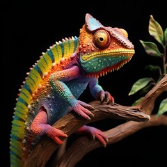 Obraz premium A vibrant chameleon is perched on a tree branch, showcasing its colorful scales. The chameleon is actively looking around its surroundings, blending in with the foliage.