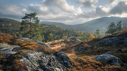 Obraz premium hill with rocks and trees in the sun