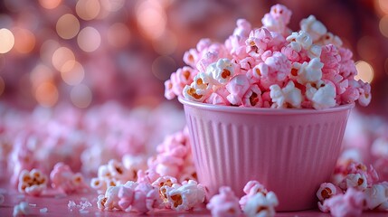 Pink bucket of popcorn stands on a plain background. Heart, romance, love, date, valentine's day, movie, food, day off, snack, fun, entertainment, pack, corn, film, cinema, card, symbol, sweet.