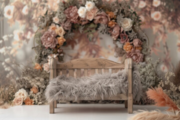 Baby crib with fur. Floral decoration, arch. 
Newborn digital Background.  Composite backdrop. Props for photography.
