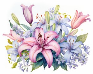 A beautiful watercolor illustration of a vibrant floral bouquet showcasing pink lilies and purple flowers with green leaves.