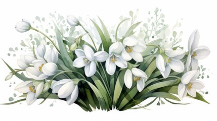 Obraz premium A beautiful watercolor illustration of white snowdrop flowers in full bloom with green leaves and delicate background details. Perfect for springtime.