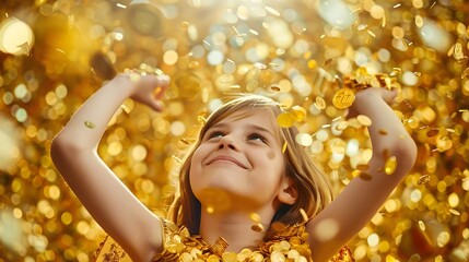 Jubilant Young Businesswoman Celebrating Success with a Pile of Gold Coins