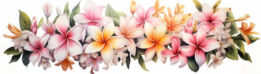 Obraz premium A vibrant and colorful floral arrangement featuring a variety of blooming flowers in shades of pink, orange, and white, with green leaves.
