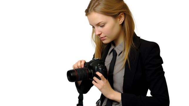 Female photographer holding a professional DSLR camera, embodying the readiness and professionalism of photographers.