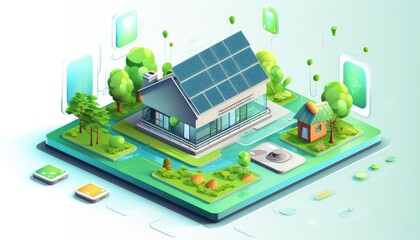 Energy efficiency smart home illustration flat design top view modern technology theme cartoon drawing colored pastel