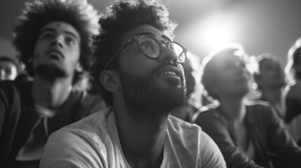 A man with glasses is looking up at a crowd of people, football on TV