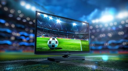 A soccer ball is on a television screen in a stadium, football broadcast live on TV