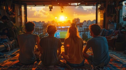Four people are sitting on a rug in front of a window, watching the sun set
