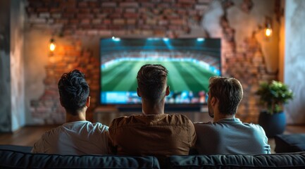 Three men are sitting on a couch in front of a television, fans cheer for the football team on TV