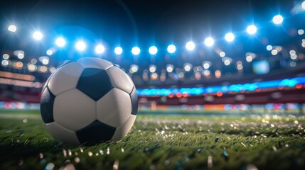 A soccer ball is on the field in front of a stadium, football background
