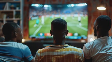 Three men are watching a soccer game on a television, fans cheer for the football team on TV